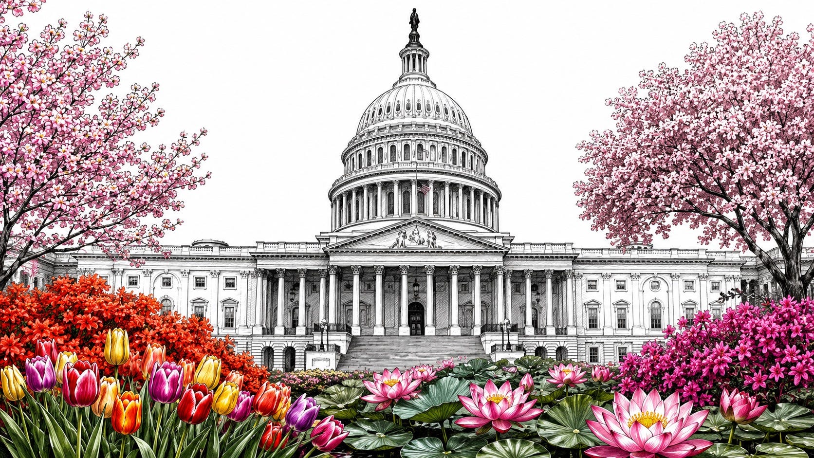 The United States Capitol framed by cherry blossoms, tulips, azaleas, and lotus flowers